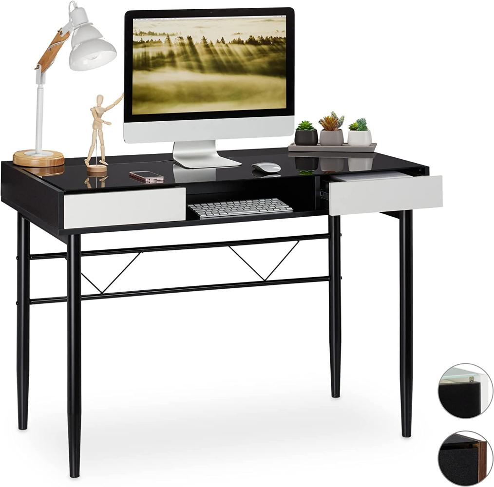Relaxdays Schreibtisch Glas, Kabeldurchführung, Bürotisch mit Schubladen, PC Glastisch, HBT 78 x 110 x 55 cm, schwarz Bild 1