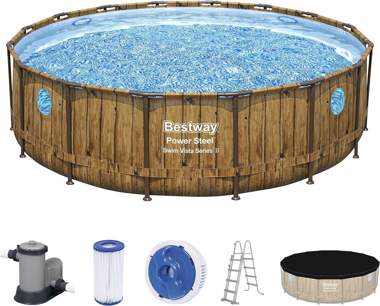 Power Steel™ Swim Vista Series™ Frame Pool Komplett-Set mit Filterpumpe Ø 488 x 122 cm, Holz-Optik (Pinie), rund Bild 1