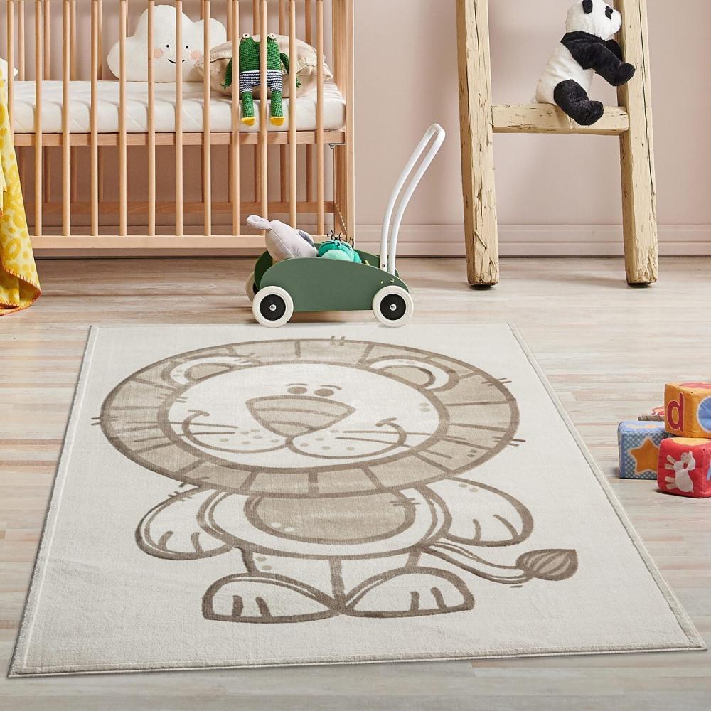 carpet city Kinderteppich Creme, Beige - 160x230 cm - Tier-Muster Löwe - Kurzflor Teppiche Kinderzimmer, Spielzimmer Bild 1