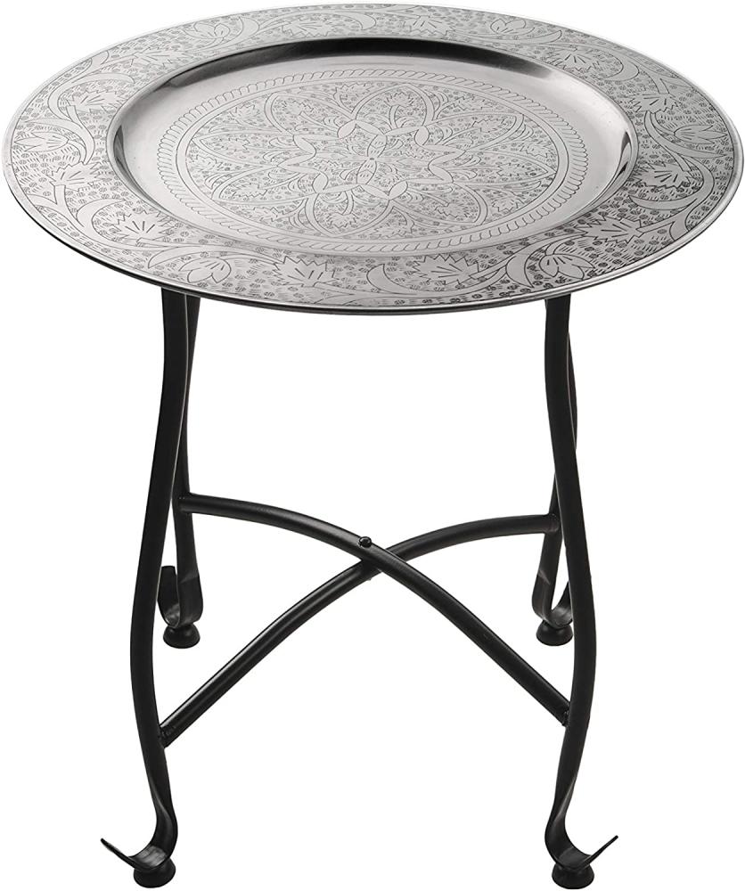 Marokkanischer Tisch Beistelltisch aus Metall Sule ø 40cm rund | Orientalischer runder Teetisch klein mit klappbaren Gestell in Schwarz | Das Tablett Diese Klapptische ist orientalisch in Silber Bild 1