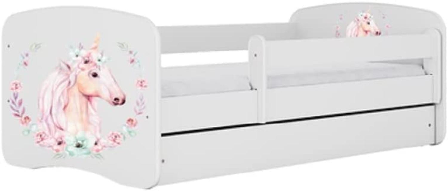 Kinderbett 180x80 mit Matratze, Rausfallschutz, Lattenrost & Schublade in weiß 80 x 180 Mädchen Bett rosa Pferd Bild 1