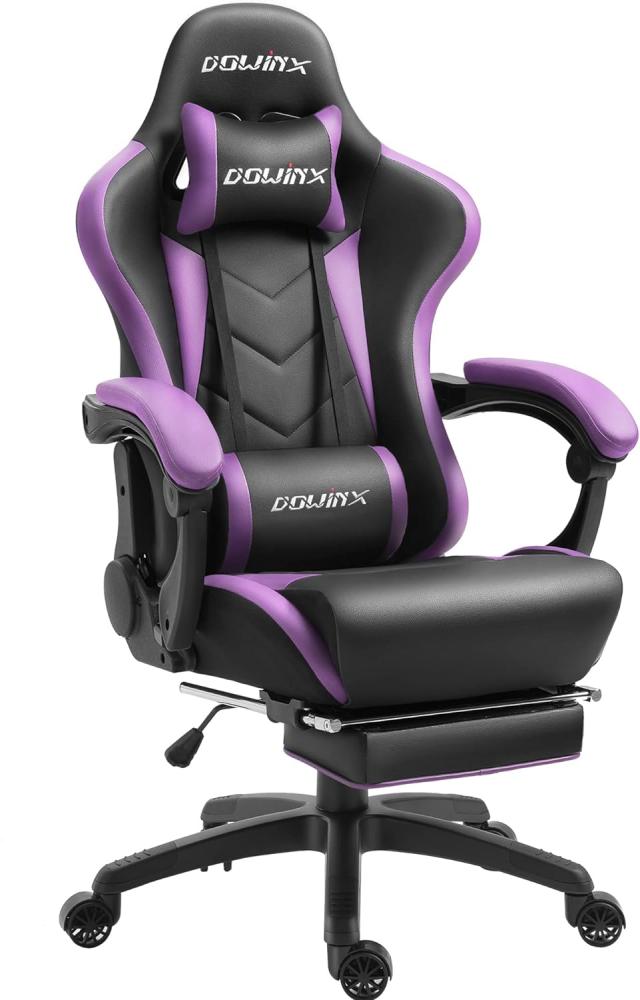 Dowinx Gaming Stuhl Ergonomischer Gamer Stuhl mit Lendenwirbelstütze, PC Bürostuhl Rückenlehne Verstellbarer Drehsessel mit Fußstütze (Schwarz&Violett Bild 1