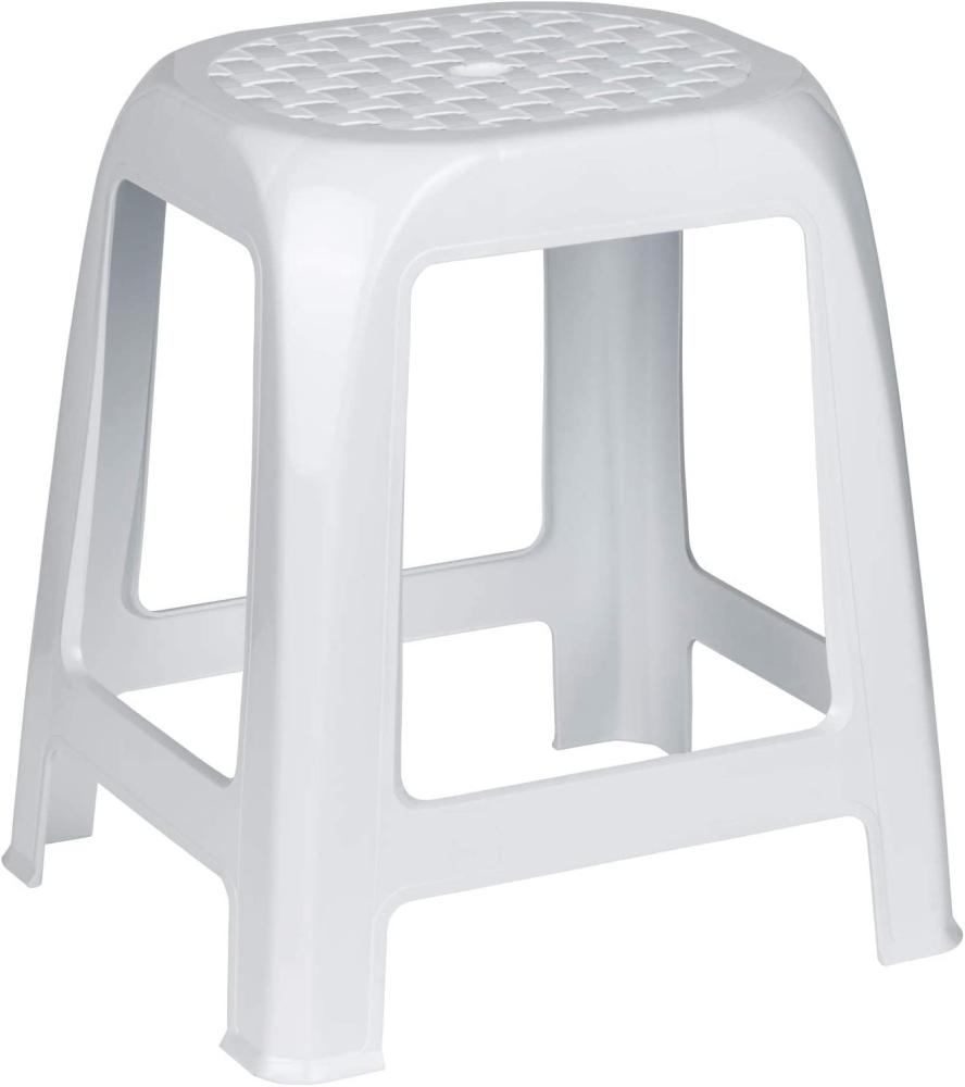 Kreher Hocker aus Kunststoff in Weiß. Sitzfläche im Rattan Design. Ideal für Dusche, Bad und Haushalt. Traglast max. 100 kg. Bild 1