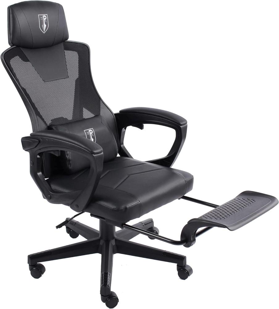 Gaming Stuhl im modernen Racing-Design mit einklappbarer Fußstütze - Gaming Chair mit flexiblen Armlehnen - ergonomischer Gaming Schreibtischstuhl mit extra Stützkissen Schwarz Bild 1