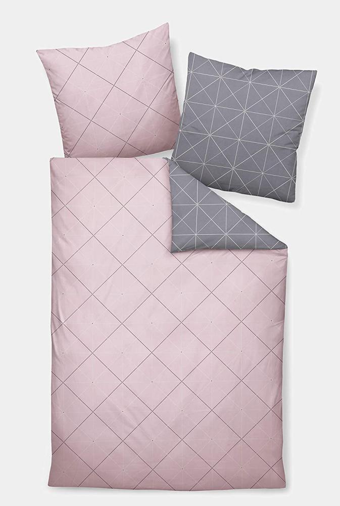 Davos Janine Biber Bettwäsche 2tlg grau rosa 65101-01| Bettwäsche-Set aus 100% Baumwolle | 2 teilige Wende-Bettwäsche 155x220cm & Kissen 80x80 cm | Geometrisches Muster Bild 1