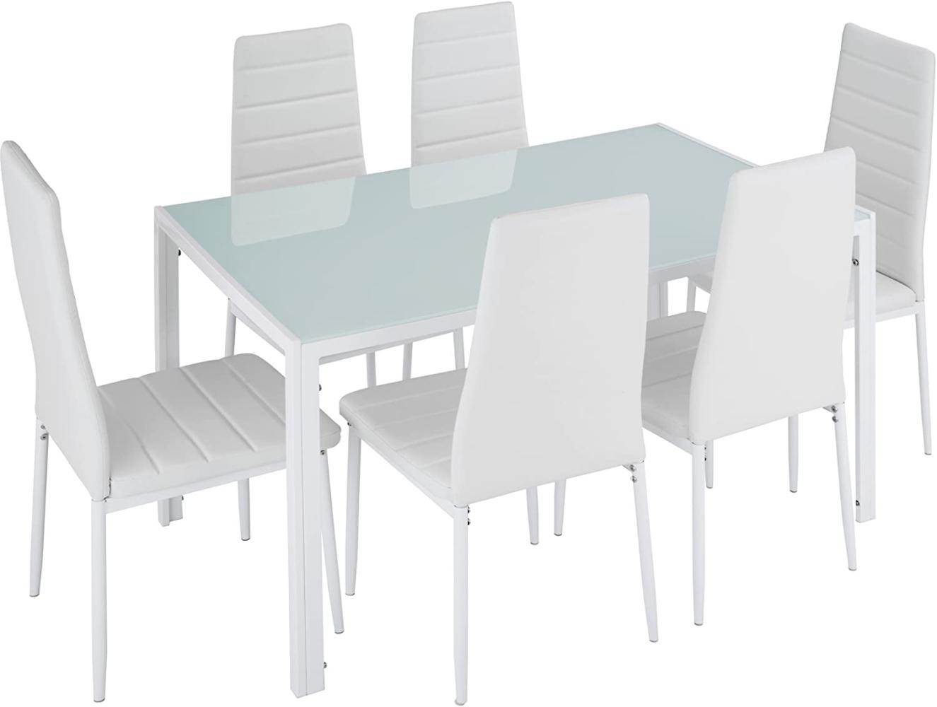 TecTake 800551 Esszimmergruppe mit Esstisch und 6 Essstühlen, strapazierfähiges Kunstleder, robuste Tischplatte aus Sicherheitsglas (Weiß-Weiß | Nr. 404382) Bild 1