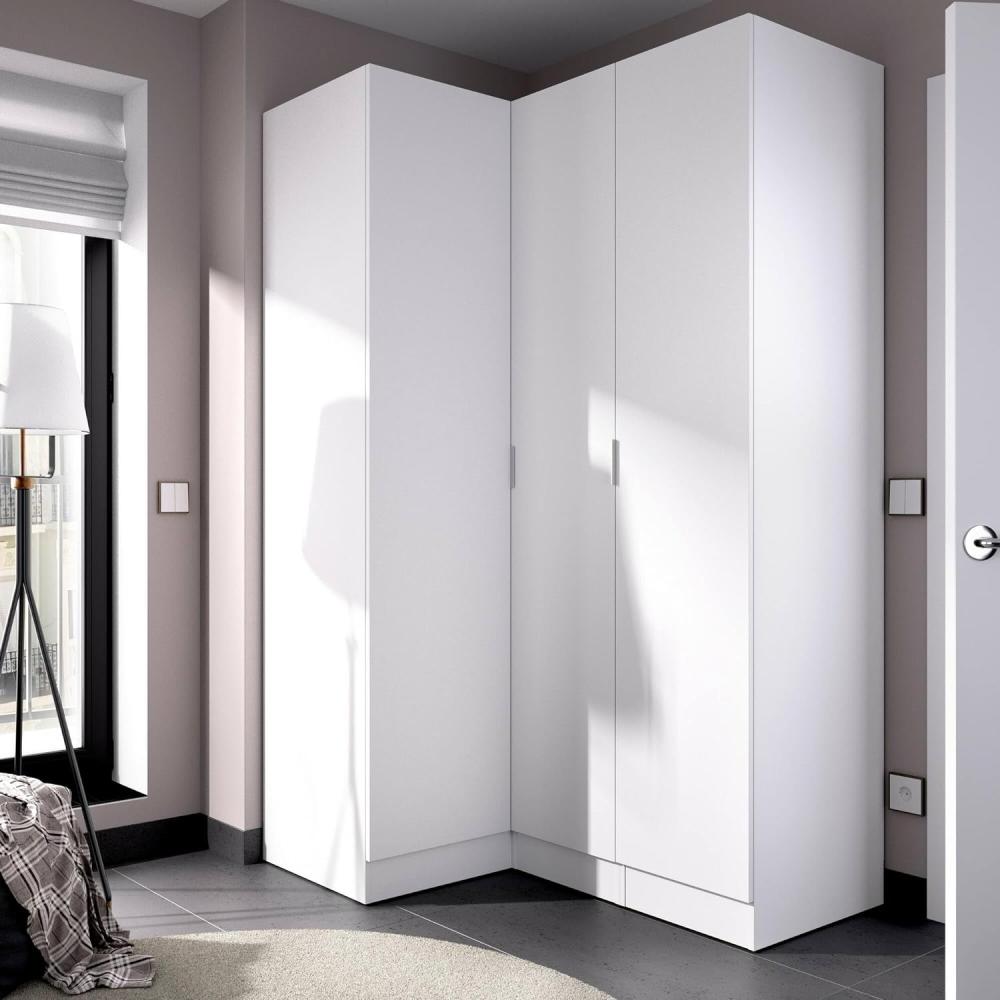 Dmora Meru, Eckschrank für Schlafzimmer, Kleiderschrank, Eckgarderobe mit 3 Flügeltüren, 133 x 91 x 184 cm, Weiß Bild 1
