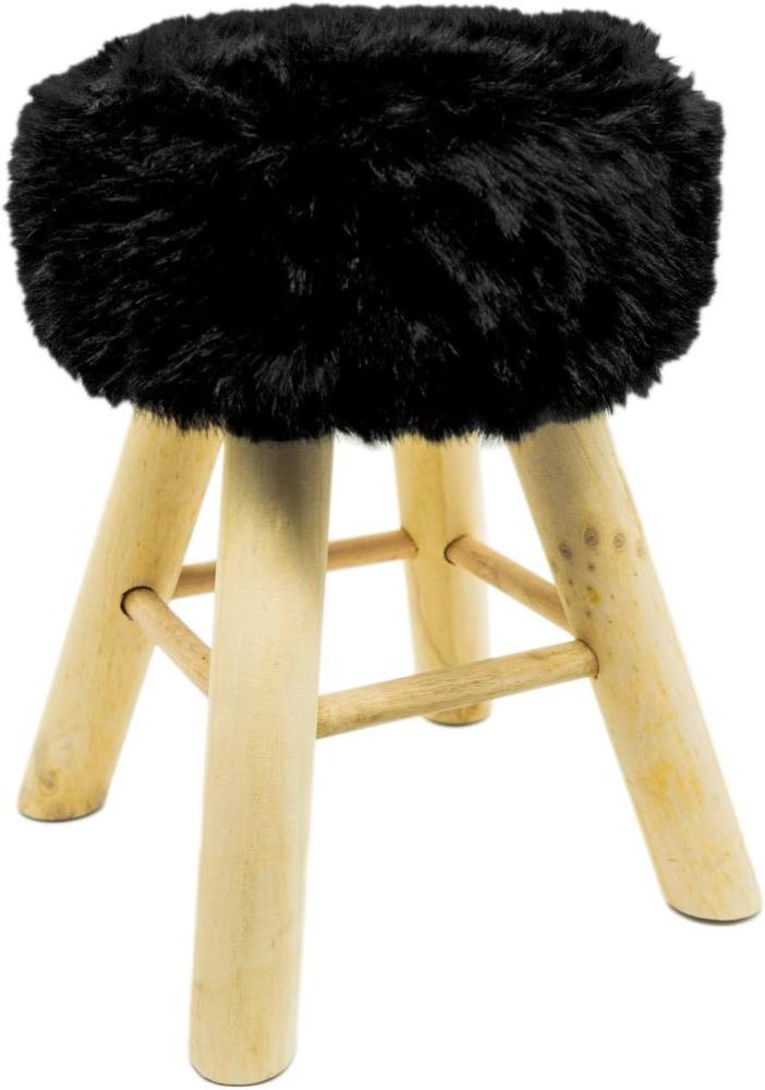 Hocker Holz mit Langhaar- Kunstfellbezug schwarz runde Sitzfläche DH: 30x42cm Bild 1