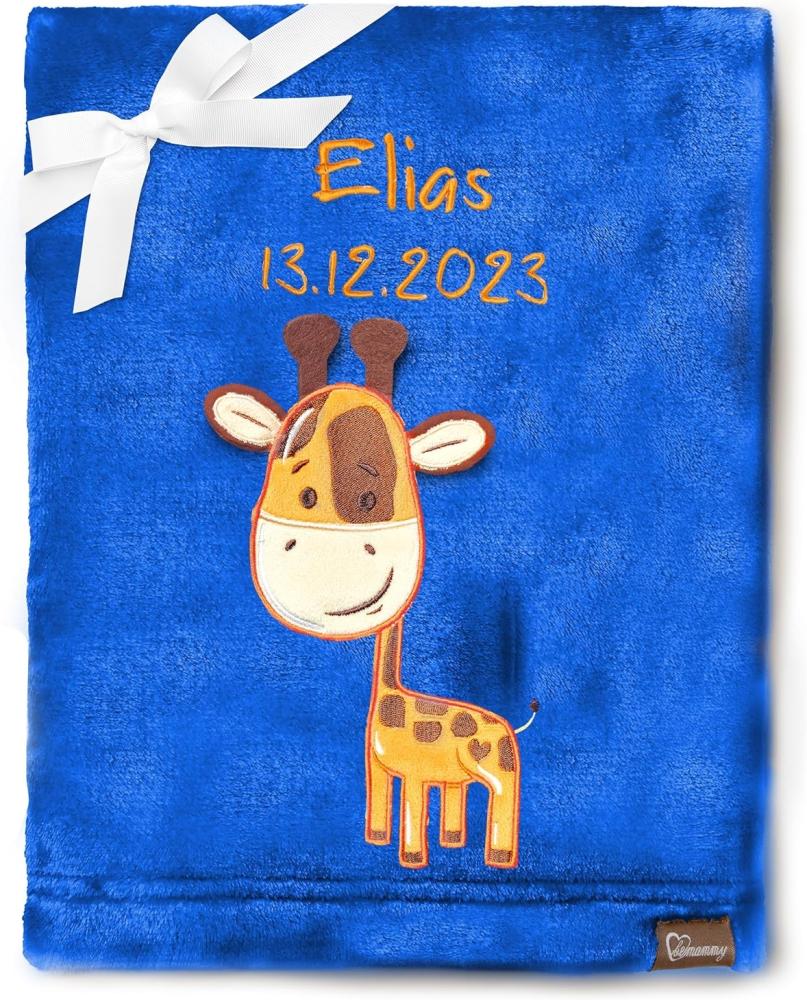 Be Mammy Personalisierte Babydecke mit 3D Applikation Warme Kuscheldecke mit Namen und Geburtsdatum; Perfektes Baby Geschenk; Blanket; Krabbeldecke BE20-280 (Dunkelblau - Giraffen) Bild 1