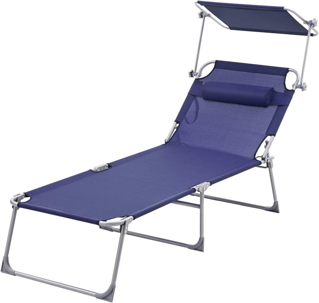 Große Sonnenliege, klappbarer Liegestuhl, 200 x 71 x 38 cm, Belastbarkeit 150 kg, mit Sonnenschutz, Kopfstütze und Verstellbarer Rückenlehne, für Garten Pool Terrasse, dunkelblau GCB22BUV2 Bild 1
