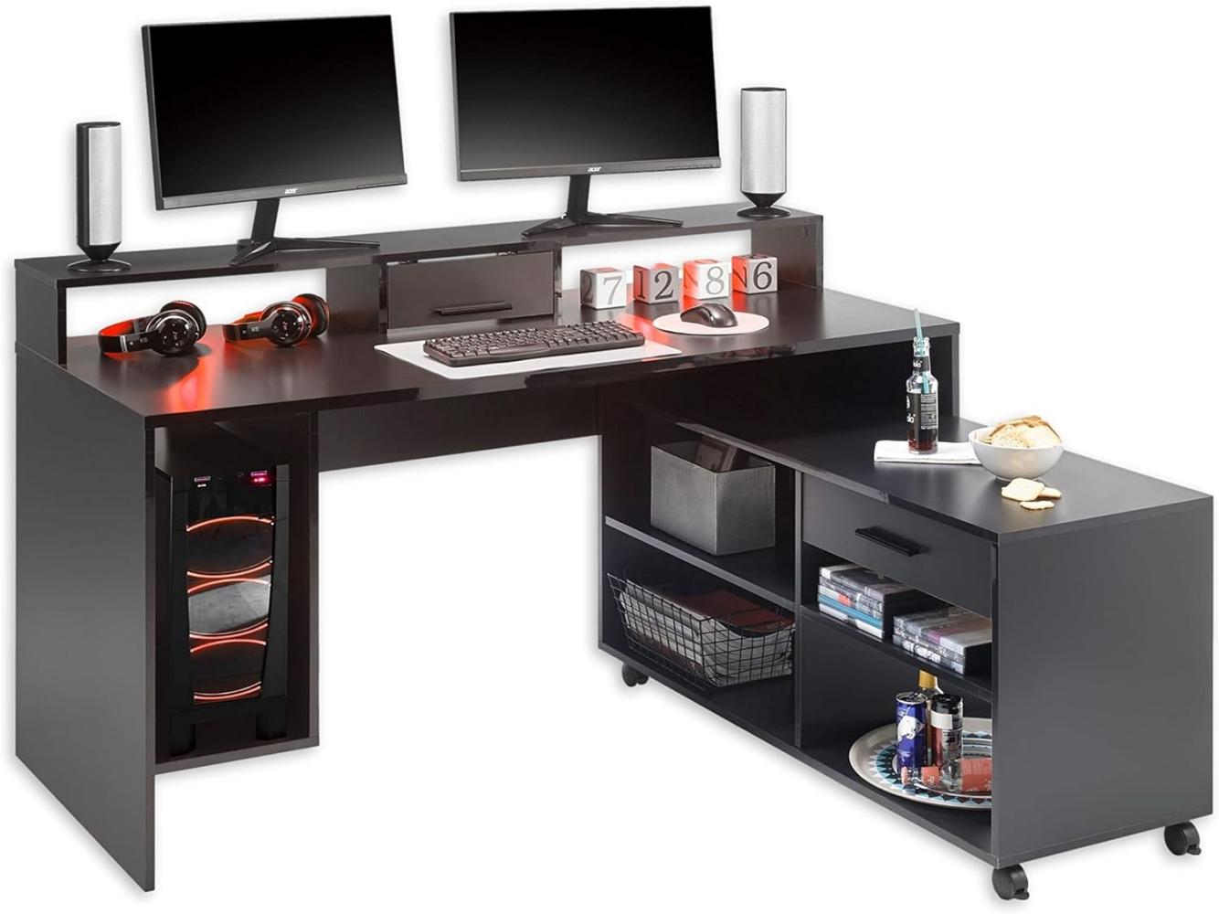Highscore 3 Gaming Tisch in Schwarz - Gaming Schreibtisch mit Rollcontainer und LED-Beleuchtung - 160 x 92 x 70 cm (B/H/T) Bild 1