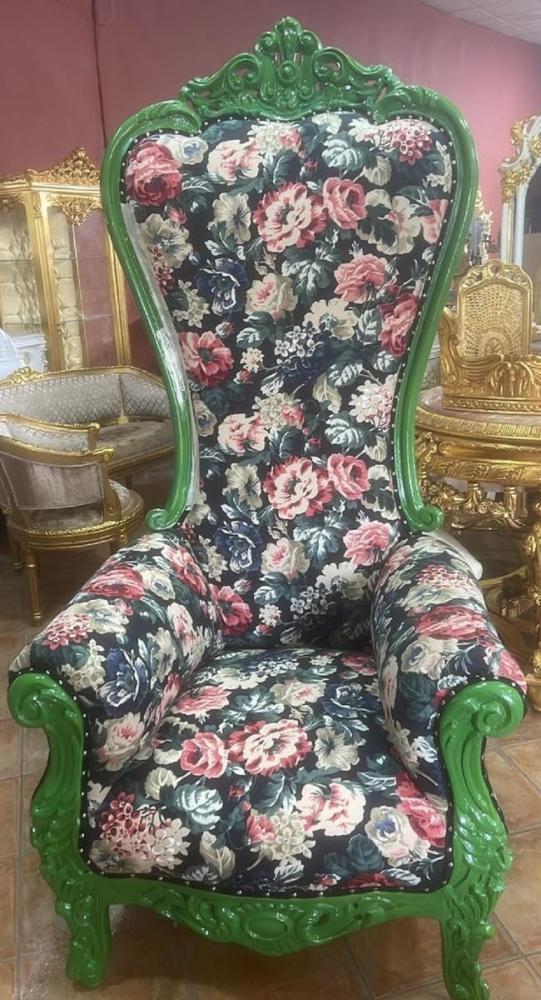 Casa Padrino Barock Thron Sessel mit Blumenmuster Mehrfarbig / Grün - Prunkvoller Königssessel - Handgefertigter Hochzeitssessel - Barock Riesensessel - Barock Möbel Bild 1