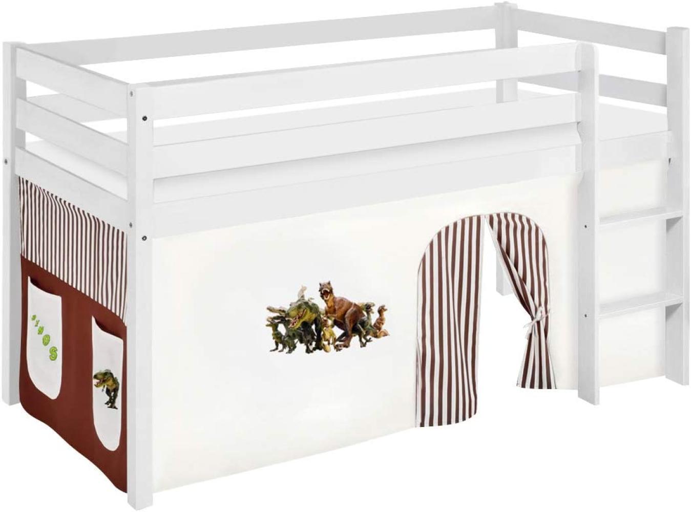 Lilokids 'Jelle' Spielbett 90 x 190 cm, Dinos Braun Beige, Kiefer massiv, mit Vorhang Bild 1