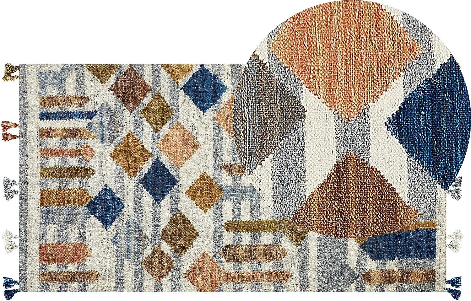 Kelim Teppich Wolle mehrfarbig 80 x 150 cm geometrisches Muster Kurzflor KASAKH Bild 1