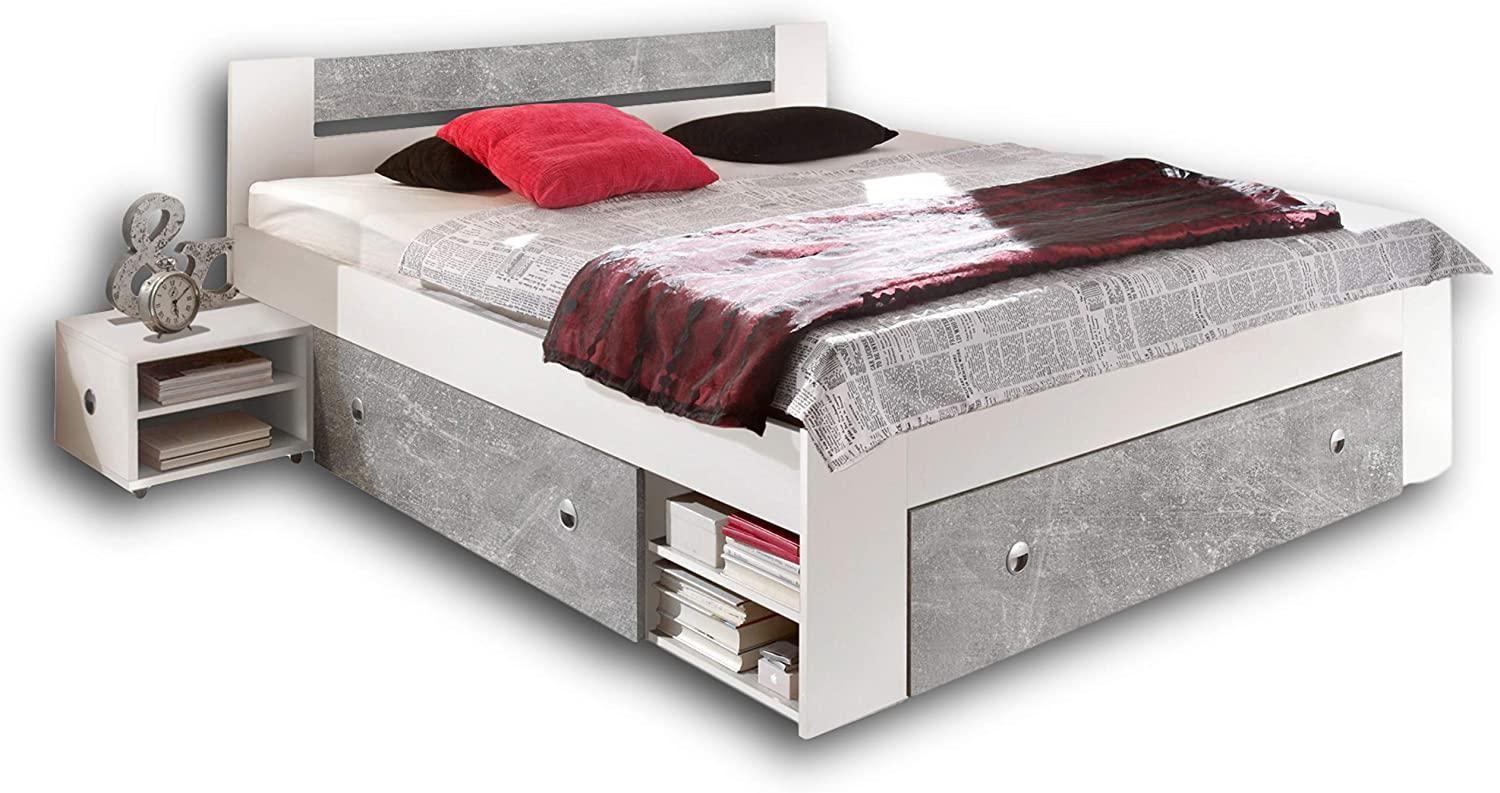 STEFAN Moderne Doppelbett Bettanlage 180 x 200 cm mit 2x Nachtkommoden - Schlafzimmer Komplett-Set in Beton-Optik, Weiß - 185 x 86 x 204 cm (B/H/T) Bild 1