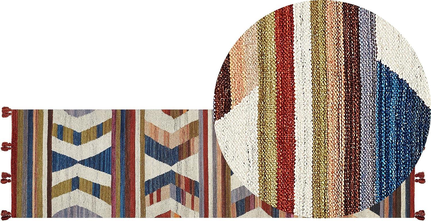 Kelim Teppich Wolle mehrfarbig 80 x 300 cm geometrisches Muster Kurzflor MRGASHAT Bild 1