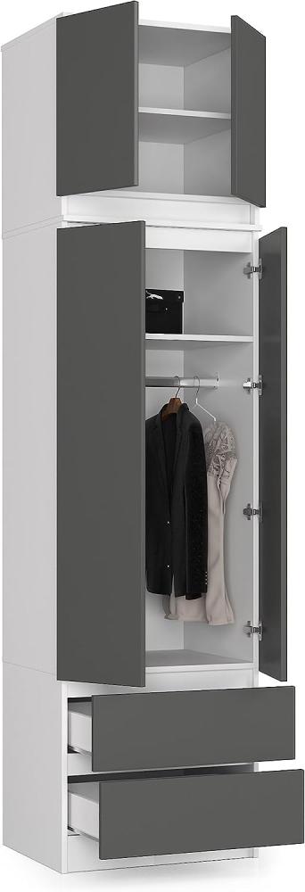 BDW Kleiderschrank mit Aufsatz, 4-türiger Kleiderschrank, 2 Schubladen, Kleiderschrank für das Schlafzimmer, Wohnzimmer, Flur, 234x60x51cm (Weiß/Grau) Bild 1