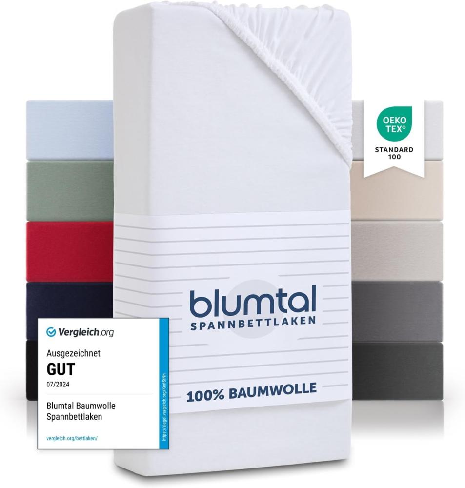 Blumtal® Spannbettlaken 200x220cm Basics Jersey im 2er Set - Bettbezug 200x220 cm aus 100% Baumwolle - Oeko-TEX zertifiziertes Spannbetttuch 200x220cm - Matratzenbezug 200x220- Leintuch 200x220- Weiß Bild 1