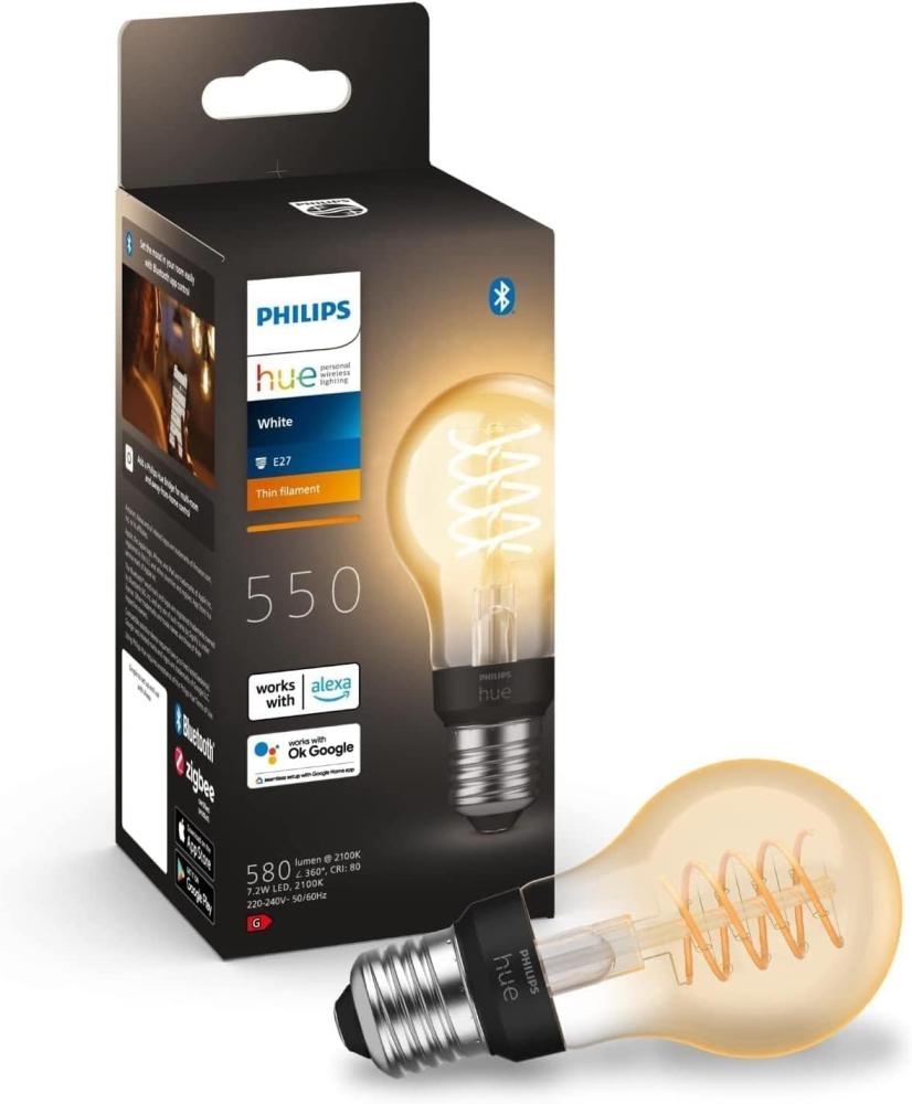Philips Hue White E27 Filament A60 550lm, warmweißes Licht, dimmbar, steuerbar via App, kompatibel mit Amazon Alexa (Echo, Echo Dot) Bild 1