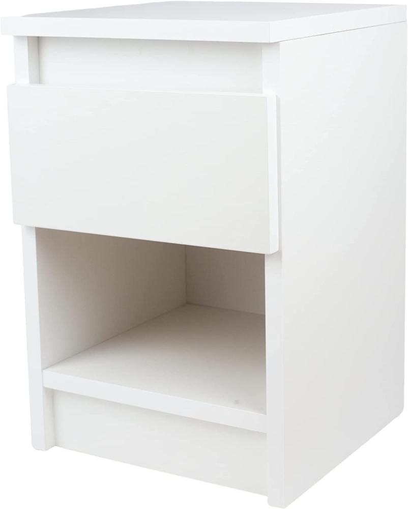 Nachtschrank Weiss mit eine Schublade - Kleiner Couchtisch Weiß - Minimalistisch Beistelltisch Holz - Betttisch - Nachtkästchen mit Schublade Bild 1