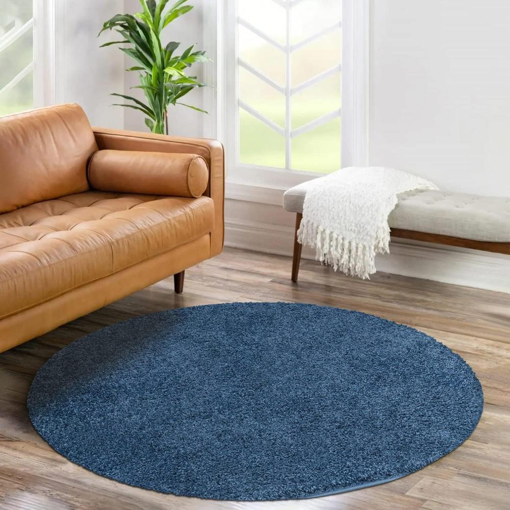 carpet city Shaggy Hochflor Teppich - Rund 200 cm - Blau - Langflor Wohnzimmerteppich - Einfarbig Uni Modern - Flauschig-Weiche Teppiche Schlafzimmer Deko Bild 1