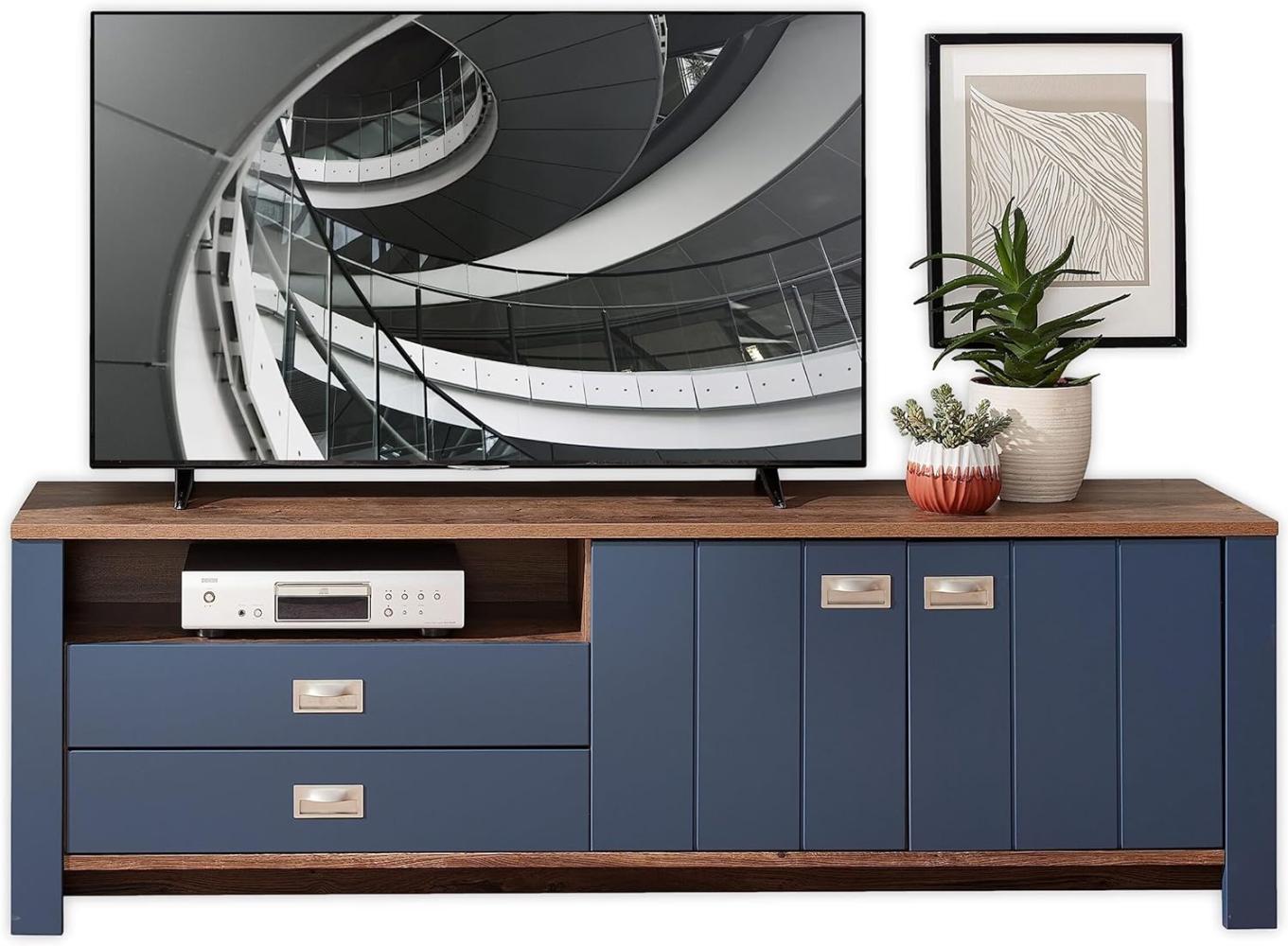 DIJON TV-Lowboard in Parisian Blue, Haveleiche Cognac Optik - Moderner TV Schrank mit Schubladen und viel Stauraum für Ihr Wohnzimmer - 194 x 63 x 45 cm (B/H/T) Bild 1