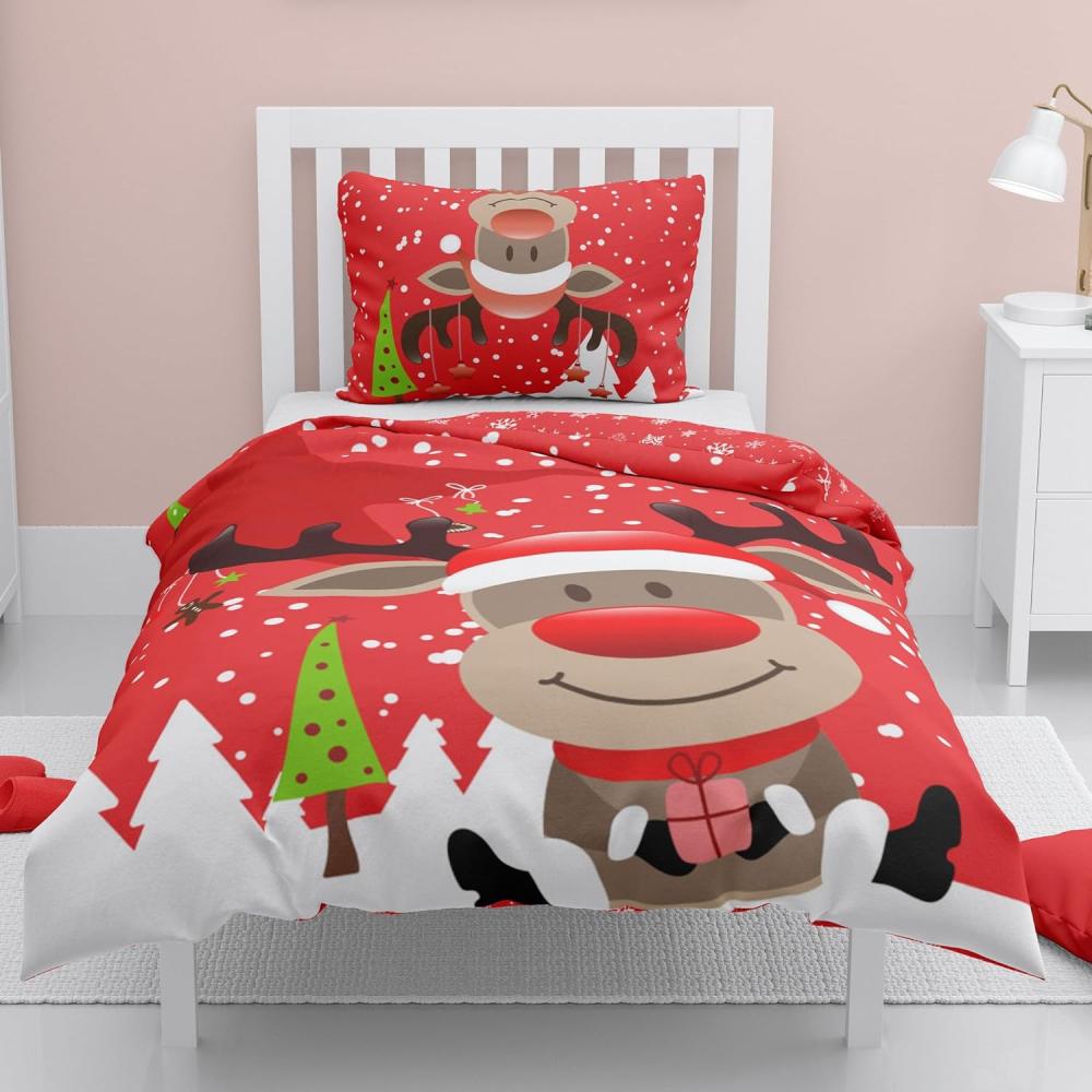 Weihnachts-Bettwäsche rot weiß mit Rentier Motiv 135x200 80x80 cm Flanell mit Reißverschluss Bild 1