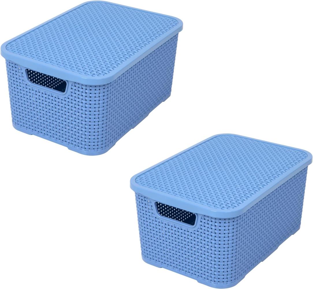 BranQ - Home essential Korb mit Deckel in Rattan Design 2er Set Grösse L 19 l, BPA-frei Kunststoff PP, Denim Blau, 38x27,8x18,5 cm, 2 Stk. Bild 1