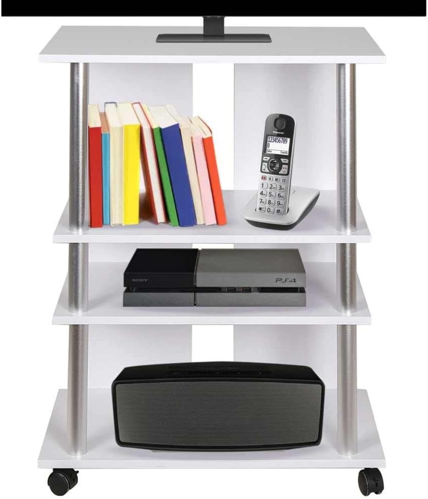 BAKAJI TV-Schrank aus MDF-Holz mit 3 Ablagen für Videospiele, DVD und 4 Rollen, TV-Wagen, modernes Design, Größe 60 x 45 x 80,5 cm, Armhalterung (weiß) Bild 1