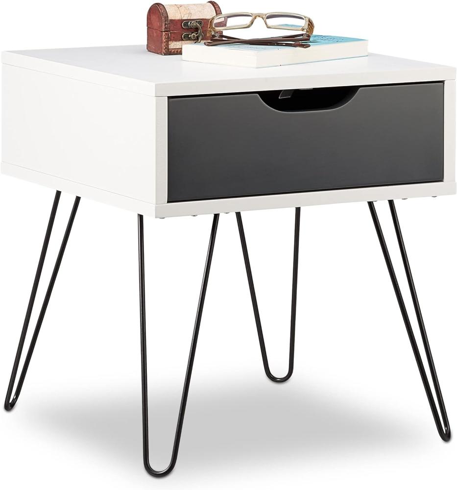 Relaxdays Nachttisch mit Schublade, modernes Design, eckiges Nachtschränkchen, HxBxT: 44 x 40 x 40 Zentimeter, grau, schwarz-weiß, Standard Bild 1
