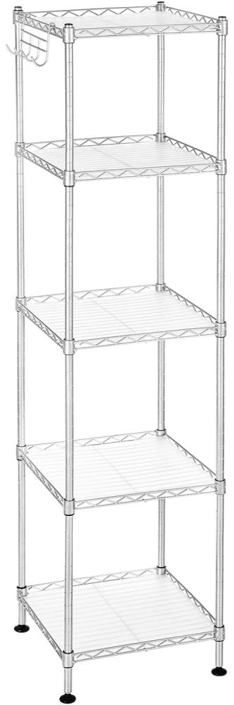 SONGMICS Badezimmerregal, Standregal, Metallregal, bis 100 kg belastbar, mit 5 PP-Platten, abnehmbare Haken, 30 x 30 x 123,5 cm, erweiterbar, für kleine Räume, silbern-transparent LGR023S01 Bild 1