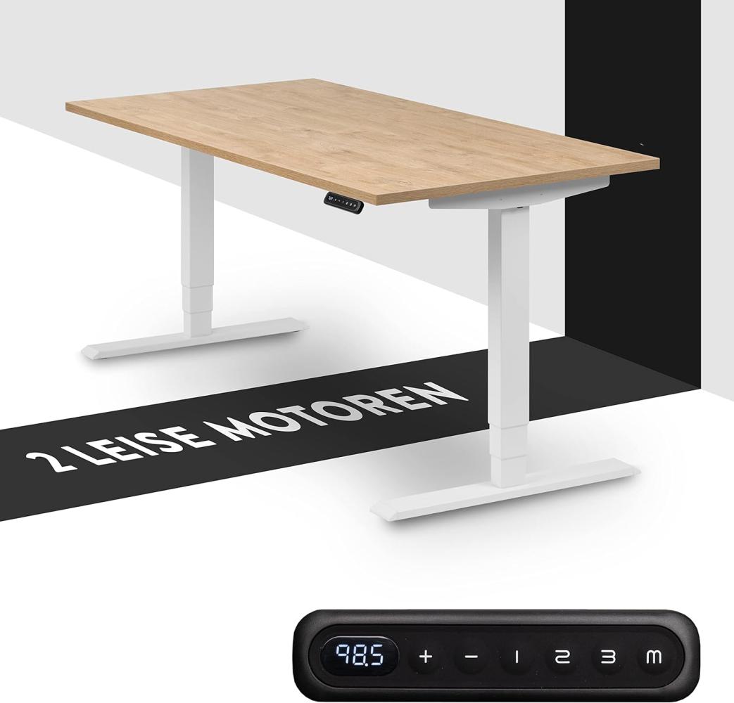 boho office® homedesk - elektrisch stufenlos höhenverstellbares Tischgestell in Weiß mit Memoryfunktion, inkl. Tischplatte in 160 x 80 cm in Wildeiche Bild 1