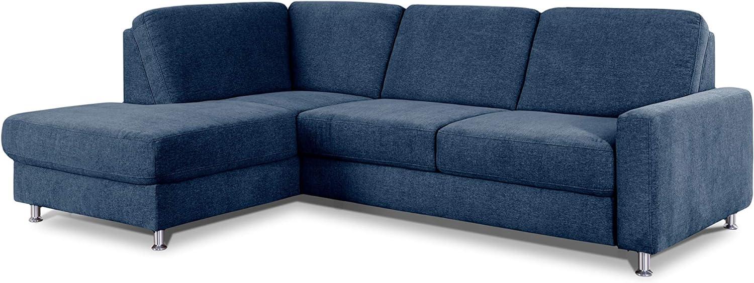 CAVADORE Ecksofa Clint / L-Form Sofa mit Federkern und Ottomane links / Soft Clean: Leichte Fleckenentfernung / 246 x 86 x 165 / Flachgewebe: Blau Bild 1