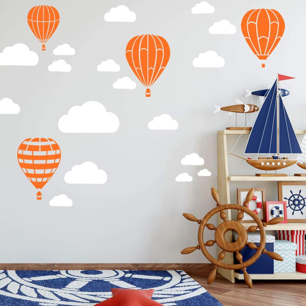 Heißluftballon & Wolken Aufkleber Wandtattoo Himmel | Wandbild 6x DIN A4 Bögen | Sticker Kinder Kinderzimmer Deko Ballons (Orange) Bild 1