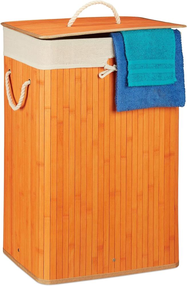 Relaxdays, orange Wäschekorb Bambus, mit Deckel, rechteckig, XL 83 L, Faltbarer Wäschesammler, HBT 65,5 x 43,5 x 33,5 cm Bild 1