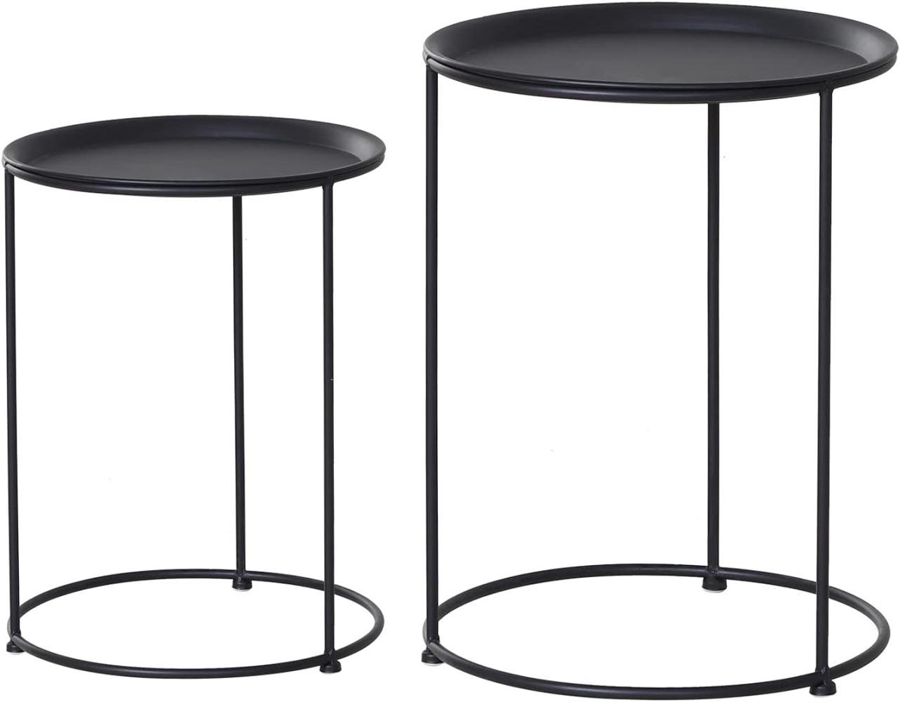 Outsunny Beistelltisch, 2er Set, Garten Couchtisch, Kaffeetisch mit erhöhten Kanten, Wohnzimmer, Metall Schwarz, Ø39/Ø33 x H39 cm Bild 1