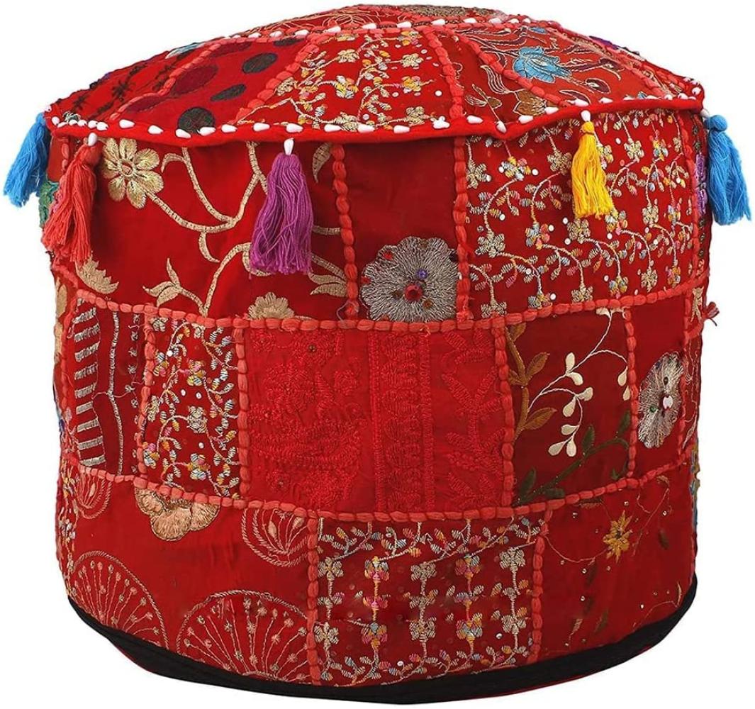 Aakriti Indian Pouf Fußhocker mit Stickerei Pouf, indische Baumwolle, Pouffe osmanischen Pouf Cover mit ethnischem Dekor Kunst - Cover (Red, 46x33 cms) Bild 1