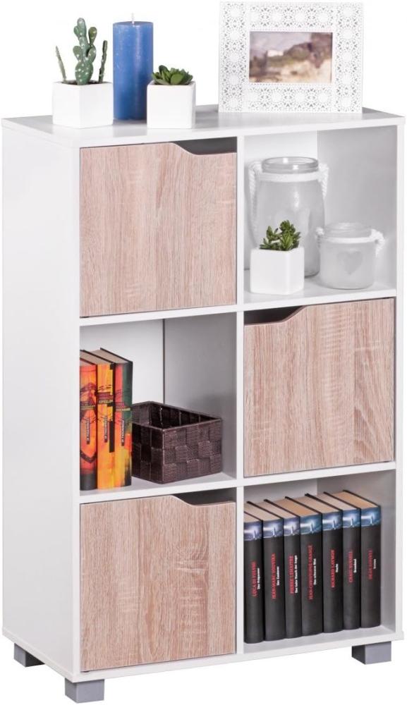Wohnling Design Bücherregal, Standregal mit Türen, Eiche / Weiß, 60 x 90cm Bild 1