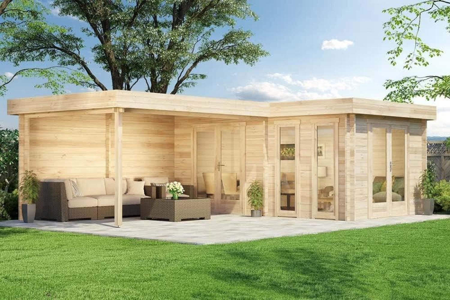 Alpholz Flachdach Gartenhaus Modell Quinta ISO Gartenhaus aus Holz Holzhaus mit 44 mm Wandstärke inklusive Schleppdach FSC zertifiziert Blockbohlenhaus mit Montagematerial Bild 1