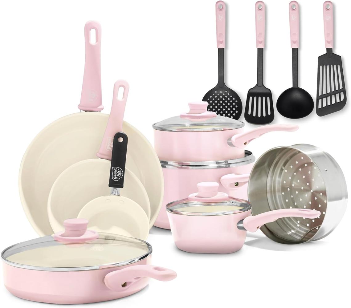 GreenLife Soft Grip Gesunde keramische Antihaftbeschichtung, 16 teiliges Kochgeschirr Set mit Bratpfanne, Stielkasserolle und Kochtopf, PFAS-frei, spülmaschinenfest, Backofenfest, Pink Bild 1