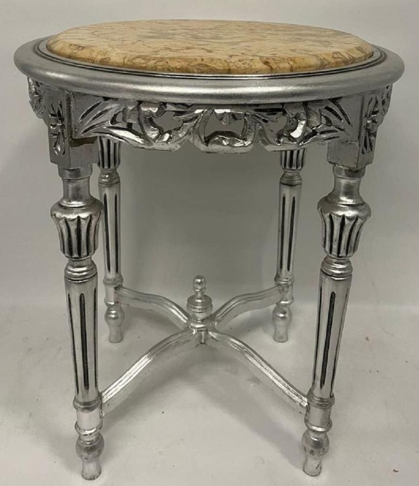 Casa Padrino Barock Beistelltisch Silber / Beige - Runder Antik Stil Massivholz Tisch mit Marmorplatte - Wohnzimmer Möbel im Barockstil - Antik Stil Möbel - Barock Möbel Bild 1