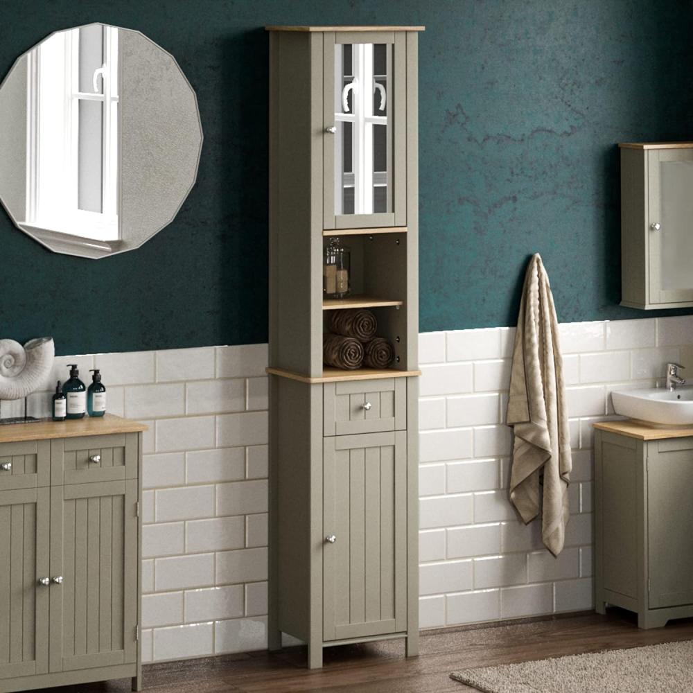 Bath Vida Priano Hoher Badezimmerschrank mit Spiegel, Aufbewahrungsschrank, bodenstehender Hochschrank, Grau Bild 1