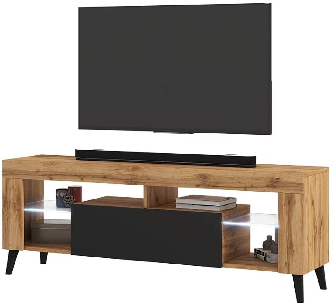 Selsey HugoB – TV-Lowboard, modernes TV-Sideboard mit Füßen und Glaseinlegeböden, 140 cm (Lancaster Eiche Matt / Schwarz Glanz, mit LED) Bild 1