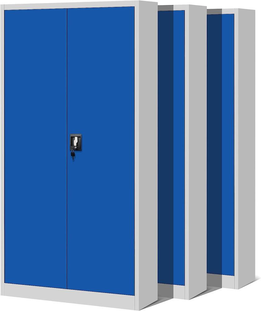 Jan Nowak 3er Set Aktenschrank C001H Büroschrank Metallschrank Stahlschrank Werkzeugschrank Stahlblech Pulverbeschichtet Flügeltürschrank Abschließbar 195 cm x 90 cm x 40 cm (grau/blau) Bild 1