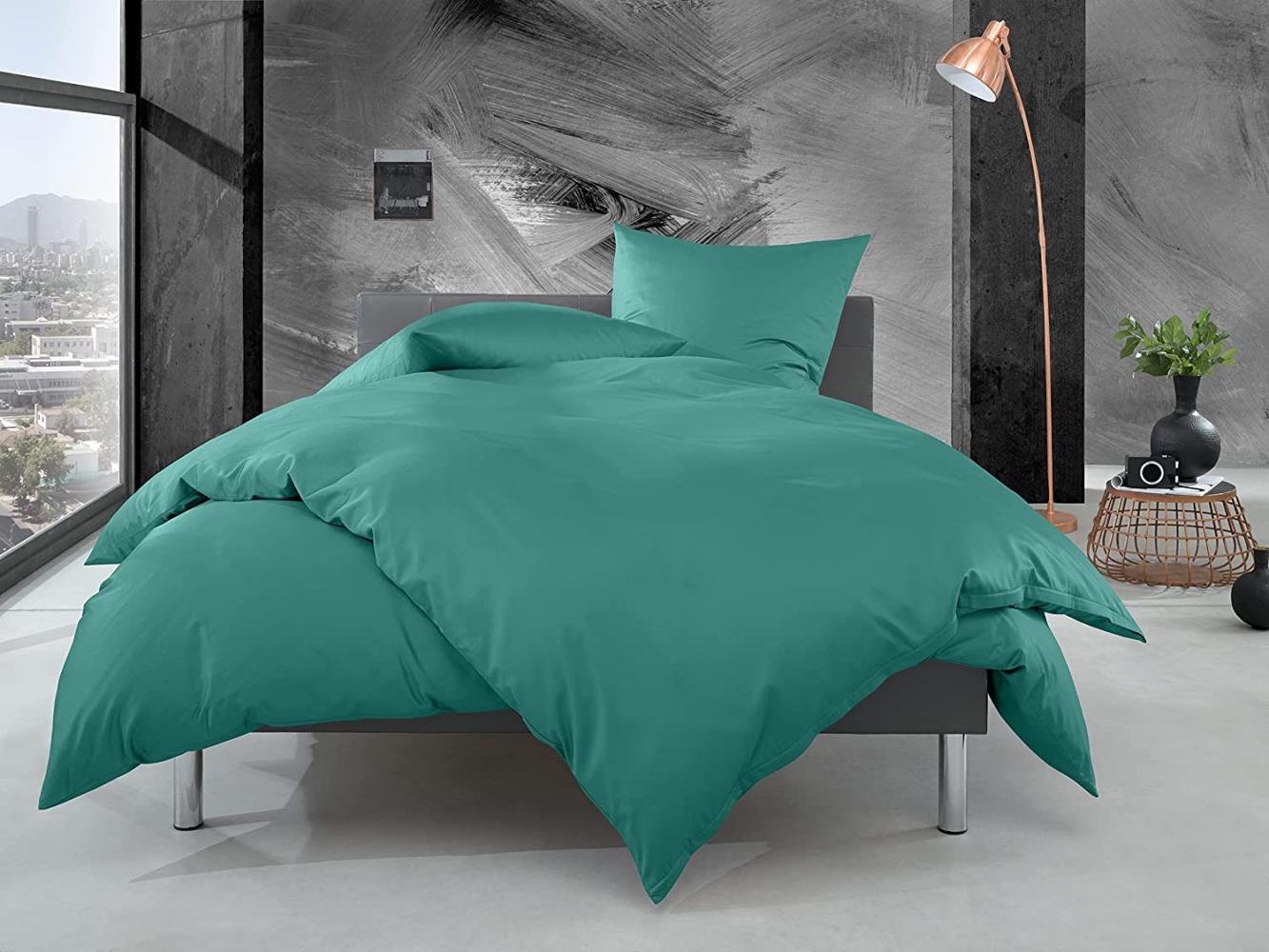Bettwaesche-mit-Stil Mako Perkal Bettwäsche uni / einfarbig petrol grün Garnitur 135x200 + 80x80 cm Bild 1