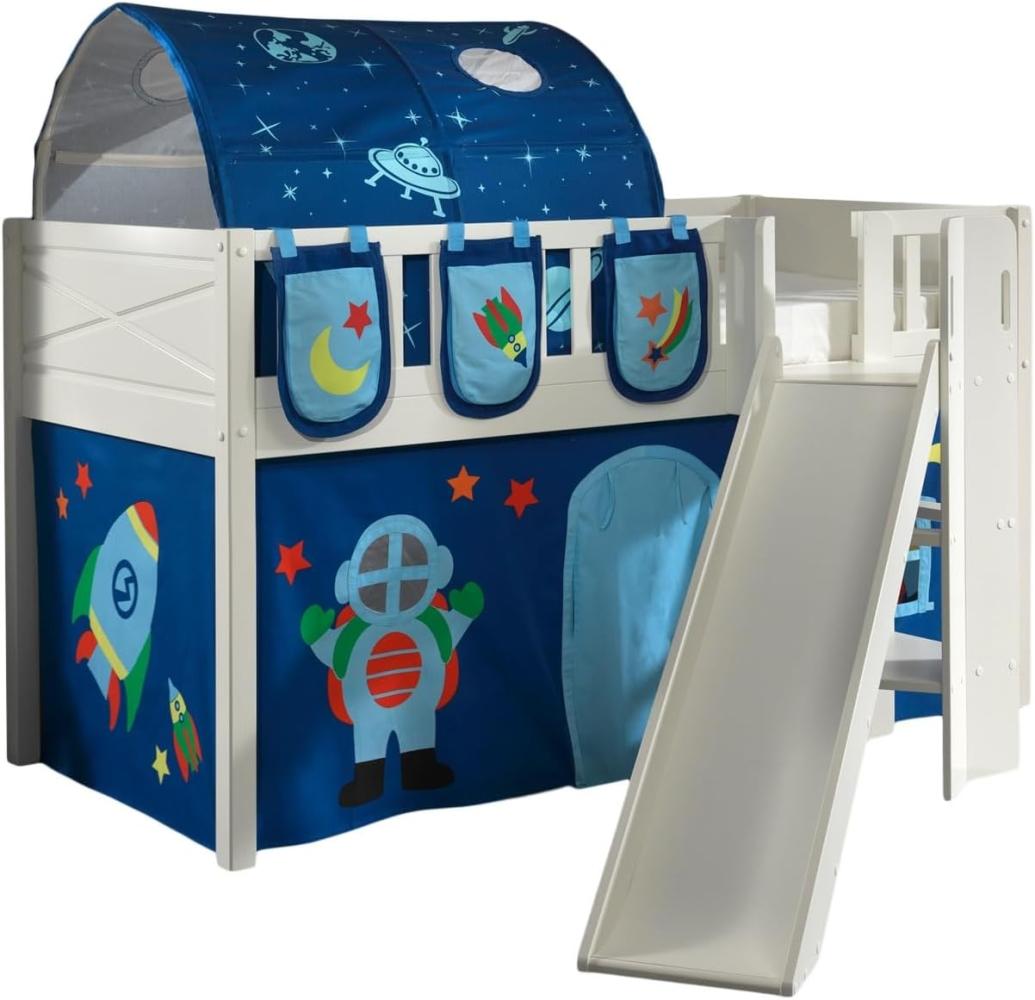 SCOTT Spielbett, LF 90 x 200 cm, mit Rolllattenrost, Rutsche, Leiter und Textilset Vorhang, Tunnel und 3 Taschen "Astro" Bild 1