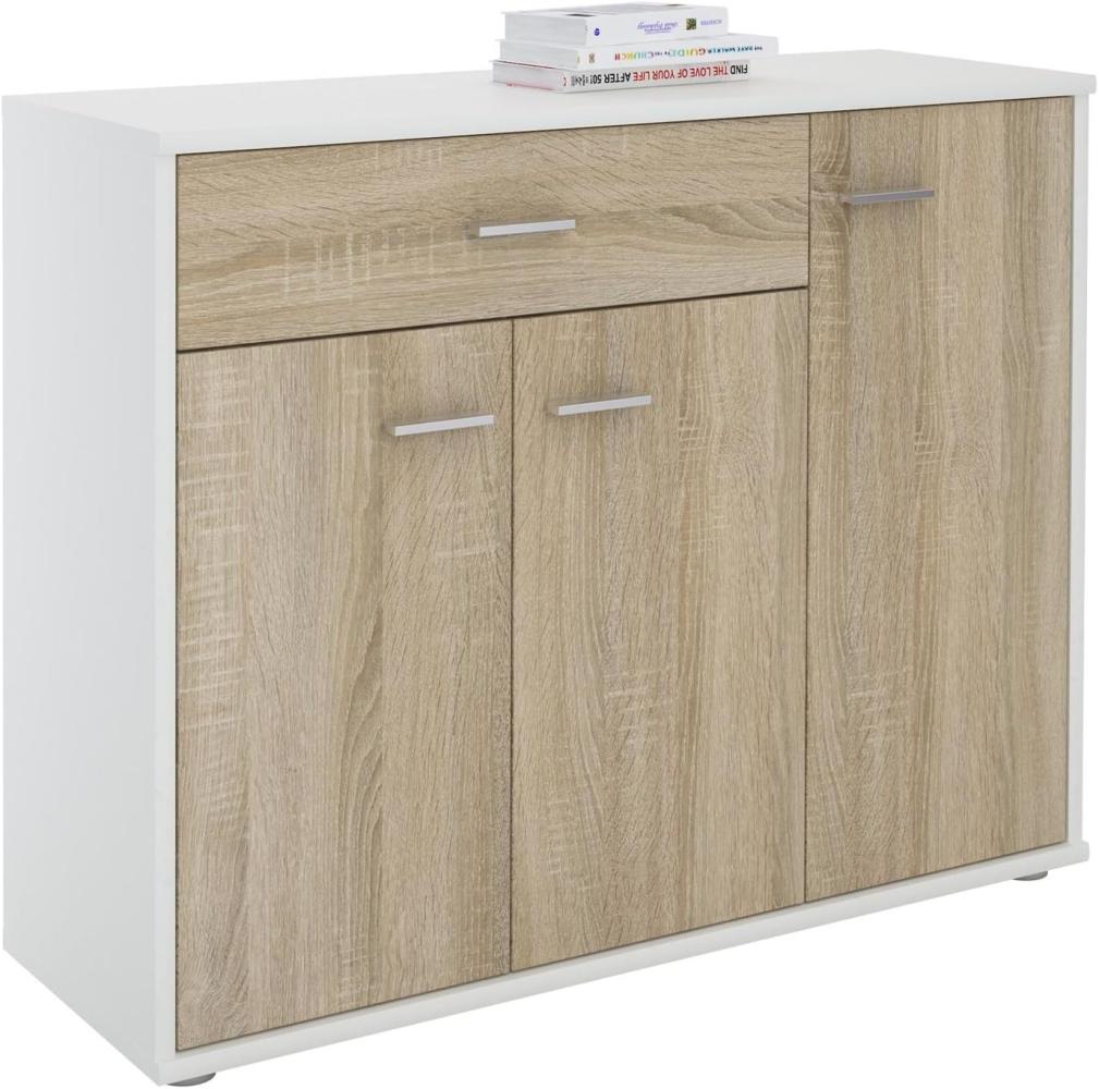 CARO-Möbel Kommode Estelle Sideboard Mehrzweckschrank,weiß/Sonoma Eiche mit 3 Türen und 1 Schublade, 88 cm breit Bild 1