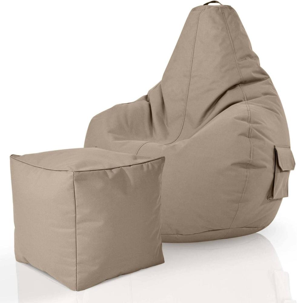 Green Bean© 2er Set Sitzsack + Hocker "Cozy+Cube" - fertig befüllt - Bean Bag Bodenkissen Lounge Sitzhocker Gamingstuhl Pouf - Taupe Bild 1
