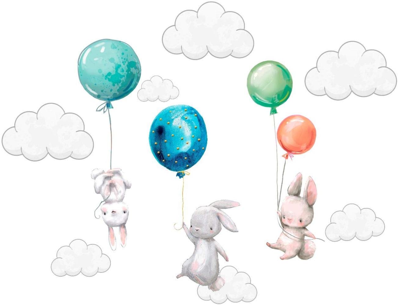 Szeridan Kaninchen Hase Ballons Wolken Wandtattoo Babyzimmer Wandsticker Wandaufkleber Aufkleber Deko für Kinderzimmer Baby Kinder Kinderzimmer Mädchen Junge Dekoration 135 x 160 cm (XXL, Mehrfarbig) Bild 1