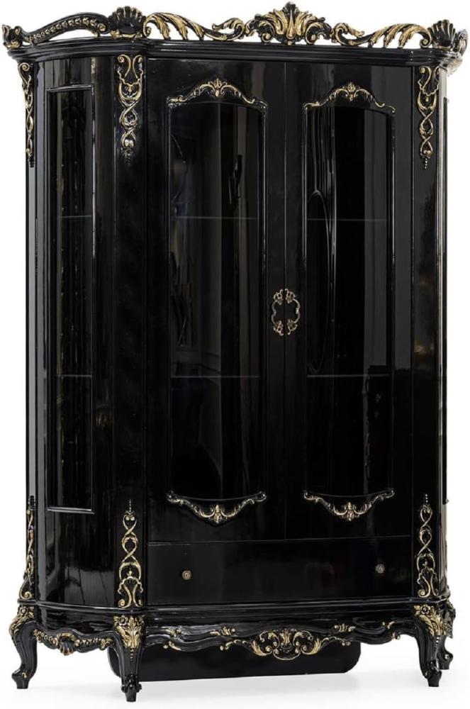 Casa Padrino Luxus Barock Vitrine Schwarz / Gold - Prunkvoller Massivholz Vitrinenschrank mit 2 Türen und Schublade - Luxus Möbel im Barockstil - Barock Möbel - Edel & Prunkvoll Bild 1